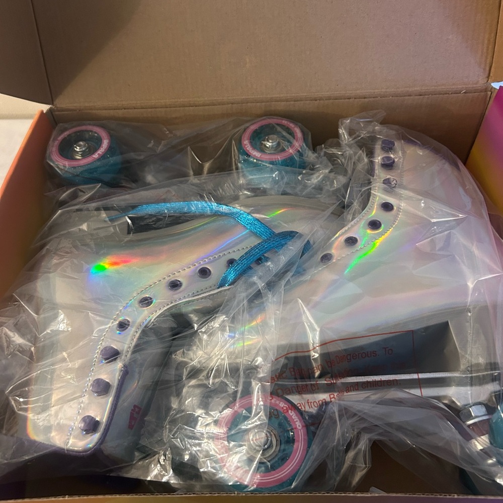 Holographic Roller Skates with Blue Laces